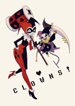 1boy 1girl ace_(playing_card) ace_of_clubs ace_of_diamonds ace_of_hearts ace_of_spades allhailjotman asymmetrical_footwear asymmetrical_gloves black_bodysuit black_footwear black_gloves black_hat black_mask bodysuit boots breasts cape card clown clown_boy club_(shape) colored_skin colored_teeth commentary crossover dc_comics deltarune diamond_(shape) english_commentary english_text eye_mask frilled_footwear frilled_sleeves frills full_body gloves grey_eyes grey_skin grin hammer hand_on_own_hip harley_quinn hat heart high_heel_boots high_heels holding holding_hammer holding_scythe hollow_eyes jester jester_boy jester_cap jevil long_sleeves looking_at_viewer mask mismatched_footwear mismatched_gloves multicolored_bodysuit neck_ruff open_mouth playing_card purple_cape purple_gloves purple_hat red_bodysuit red_footwear red_gloves red_hat scythe sharp_teeth simple_background skull_print small_breasts smile spade_(shape) standing standing_on_one_leg teeth tongue trait_connection two-tone_bodysuit two-tone_hat upper_teeth_only utdr_(toby_fox) yellow_background yellow_teeth
