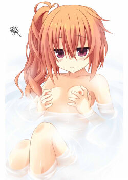 1girl :< bathing blush breast_conscious breasts breasts_apart closed_mouth collarbone commentary_request completely_nude eyes_visible_through_hair feet_out_of_frame frown grabbing_own_breast hair_between_eyes inaba_meguru jitome knees_up long_hair looking_at_viewer nipples nude orange_hair partially_submerged red_eyes ripples sanoba_witch side_ponytail simple_background sitting small_breasts solo squiggle steam takanashi_kou water white_background