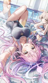 3girls :d bad_id bad_twitter_id blue_archive blue_one-piece_swimsuit blush breasts character_request check_character collarbone halo highres large_breasts long_hair looking_at_viewer lying mika_(blue_archive) multiple_girls mungduck nagisa_(blue_archive) on_back one-piece_swimsuit open_mouth outstretched_arm pink_hair pink_halo poolside seia_(blue_archive) sitting smile swimsuit trinity_general_school_logo trinity_general_school_swimsuit very_long_hair water yellow_eyes