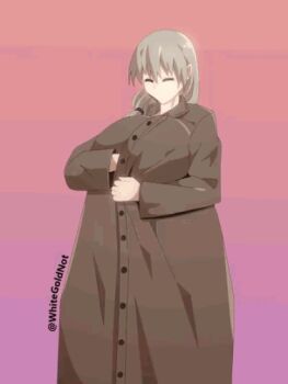 1girl animated animated_gif ass breasts coat curvy grey_hair huge_breasts mature_female nipples thick_thighs thighs trench_coat uzaki-chan_wa_asobitai! uzaki_tsuki whitegoldnot wide_hips