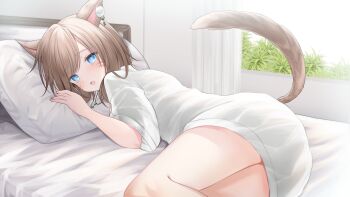 1girl :d animal_ears bed blue_eyes brown_hair cat_ears cat_girl cat_tail commission curtains facial_mark fang final_fantasy final_fantasy_xiv grass head_on_pillow kurage_cc looking_at_viewer lying medium_hair miqo&#039;te naked_shirt no_pants on_bed on_side open_mouth pillow see-through_silhouette shirt short_sleeves skeb_commission skin_fang smile tail tears warrior_of_light_(ff14) whisker_markings white_shirt window