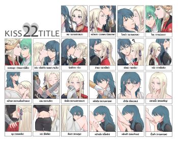2girls ? absurdres barefoot between_legs biting biting_ear black_jacket black_shirt black_shoes blonde_hair blue_eyes blue_hair blush female_byleth_(fire_emblem) closed_eyes commentary_request crop_top edelgard_von_hresvelg fire_emblem fire_emblem:_three_houses gloves green_eyes green_hair hair_ribbon hickey highres holding_hands horns jacket japanese_clothes kimono kiss kiss_chart kissing_arm kissing_breast kissing_cheek kissing_foot kissing_forehead kissing_hair kissing_hand kissing_leg kissing_neck kissing_nose kissing_stomach kissing_thigh kuroko99 long_hair multiple_drawing_challenge multiple_girls nintendo one_eye_closed open_clothes open_kimono purple_eyes purple_ribbon red_jacket ribbon shirt shoes smile thai_commentary thai_text toes translation_request white_gloves white_kimono yuri