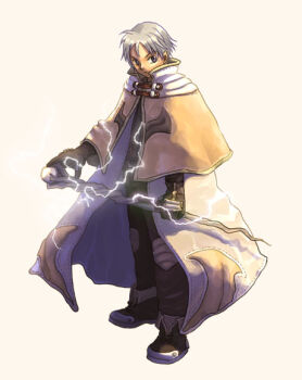 1boy brown_capelet brown_gloves brown_pants brown_shirt brown_shoes cape capelet closed_mouth commentary_request dated_commentary electricity full_body gloves grey_background grey_hair holding holding_staff looking_at_viewer mage_(ragnarok_online) male_focus oomojiya pants ragnarok_online shirt shoes short_hair simple_background solo staff standing white_cape