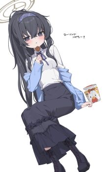 1girl absurdres alternate_costume bags_under_eyes black_boots black_hair black_skirt blue_archive blue_eyes blue_hairband blue_jacket blush boots breasts chicken_(food) collared_shirt commentary_request food hairband halo highres holding holding_food invisible_chair jacket kara-age_kun lace-up_boots lawson long_hair long_sleeves looking_at_viewer medium_breasts neck_ribbon off_shoulder parted_lips ponytail ribbon shirt sidelocks simple_background sitting skirt solo ui_(blue_archive) very_long_hair white_background white_shirt yoru_uyo