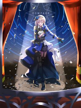 1girl black_boots black_gloves black_jacket black_shorts blue_flower blue_jacket blue_rose blue_skirt boots braid butler_bowing closed_mouth collared_shirt commentary_request compass_(love_live!) confetti crossed_legs dress_shirt facing_viewer flower flower_hairband full_body gloves grey_hair group_name high-low_skirt highres jacket link!_like!_love_live! love_live! multicolored_jacket official_alternate_costume rose sakari_(pear_8_ll) shirt short_shorts shorts side_braid skirt smile solo song_name split-color_clothes stage standing star_trail three-quarter_sleeves two-tone_jacket virtual_youtuber watson_cross white_shirt yugiri_tsuzuri