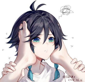 1boy 2025 antenna_hair blue_eyes blush braid chenjiyan_y chinese_commentary closed_mouth commentary_request dated flying_sweatdrops foot_on_another&#039;s_face genshin_impact male_focus partial_commentary photo-referenced shirt short_hair simple_background squiggle twitter_username venti_(genshin_impact) white_background white_shirt