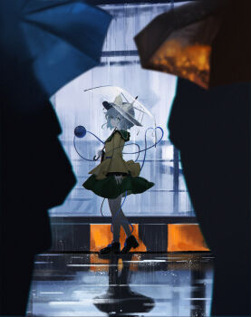 Rule 34 | 1girl, 3others, absurdres, black boots, black hat, boots, bow, eyeball, frilled shirt collar, frilled sleeves, frills, green eyes, green hair, green skirt, gu0st, hat, hat bow, hat ribbon, heart, heart of string, highres, holding, holding umbrella, komeiji koishi, multiple others, outdoors, rain, ribbon, shirt, skirt, third eye, touhou, transparent, transparent umbrella, umbrella, wide sleeves, yellow bow, yellow ribbon, yellow shirt