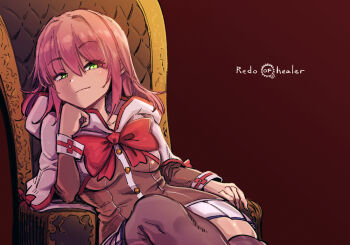 green_eyes haga_souken looking_at_viewer norn_clatalissa_jioral pink_hair red_background sitting_on_throne