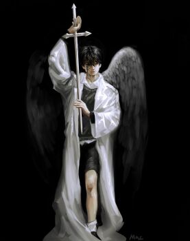 1boy alternate_costume black_blood black_hair black_shorts black_vest black_wings blood broken_skin coat collared_shirt commentary dual_persona english_commentary feathered_wings full_body highres holding holding_sword holding_weapon impaled kim_dokja looking_at_viewer macaronijail male_focus oldest_dream omniscient_reader's_viewpoint oversized_clothes popped_collar shirt short_hair shorts solo standing static sword vest weapon white_coat white_shirt white_wings wings