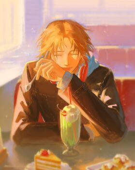 1boy arm_on_table black_jacket booth_seating brown_hair cake cake_slice cherry cinnamon_roll closed_eyes commentary diner drinking_straw food fruit hanamura_yousuke headphones headphones_around_neck highres holding holding_spoon hood hood_down ice_cream ice_cream_float jacket laughing layered_sleeves lilpong2 long_sleeves male_focus open_mouth persona persona_4 school_uniform sitting solo spoon strawberry tongue upper_body whipped_cream white_hood yasogami_school_uniform