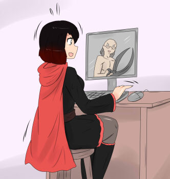 bald computer gameplay glasses highres horrified outlast richard_trager ruby_rose rwby scared scissors tikoriko