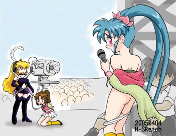 1990s_(style) 3girls ass assisted_exposure blonde_hair blue_hair brown_hair camera collar facial_mark forehead_mark kawai_sasami loli masaki_sasami_jurai microphone multiple_girls panties panty_pull pink_eyes pixy_misa pretty_sammy pretty_sammy_(character) retro_artstyle tenchi_muyou! twintails underwear voyeurism