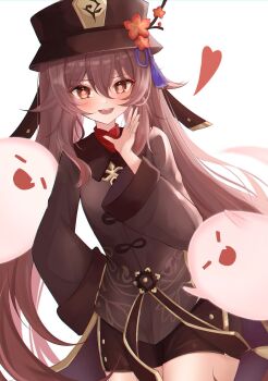 1girl blush boo_tao_(genshin_impact) brown_hair brown_hat brown_pants brown_shirt flower-shaped_pupils genshin_impact hair_between_eyes hat highres hu_tao_(genshin_impact) komor_yuki long_hair long_sleeves looking_at_viewer open_mouth pants red_eyes shirt smile solo symbol-shaped_pupils very_long_hair