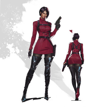 1girl absurdres ada_wong black_boots black_gloves black_hair black_pantyhose boots breasts chest_harness closed_mouth dress facing_away facing_viewer full_body gloves gun handgun harness high_heel_boots high_heels highres holding holding_gun holding_weapon holster long_sleeves medium_breasts multiple_views pantyhose parted_bangs red_dress red_lips resident_evil resident_evil_4 ribbed_dress short_dress short_hair simple_background solo standing teddydxc thigh_boots thigh_holster turtleneck turtleneck_dress weapon