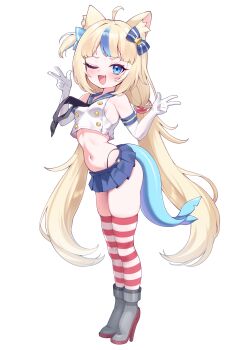 1girl absurdres ahoge animal_ears azur_lane blonde_hair blue_eyes blue_sailor_collar blush cat_ears cosplay double_v elbow_gloves fang female_focus fins fish_tail full_body gloves hair_ribbon high_heels highres hyeonin_gentora indie_virtual_youtuber legs loli long_hair long_twintails looking_at_viewer navel necktie one_eye_closed ribbon sailor_collar sameko_saba shimakaze_(kancolle) skindentation skirt smile solo tail thighhighs thighs thong twintails v virtual_youtuber white_background