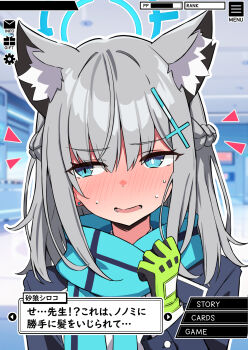 1girl alternate_hairstyle amenocchi animal_ear_fluff blue_archive blue_halo blue_scarf blush cross_hair_ornament embarrassed gloves green_gloves grey_hair hair_ornament halo highres medium_hair mismatched_pupils nose_blush open_mouth scarf shiroko_(blue_archive) solo upper_body