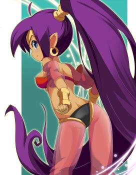 Rule 34 | 1girl, ahoge, ass, back, bandeau, bikini, bikini top only, blue eyes, bracelet, bracer, breasts, butt crack, detached sleeves, earrings, female focus, from behind, harem pants, hoop earrings, jewelry, long hair, looking back, lots of jewelry, panties, pants, pointy ears, ponytail, purple hair, see-through clothes, shantae, shantae (series), smile, solo, swimsuit, tamakorogashi, tiara, underwear, very long hair, wayforward