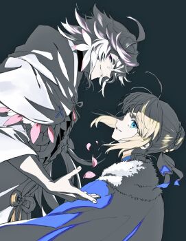 1boy 1girl ahoge artoria_pendragon_(fate) blonde_hair braid braided_bun cape commentary_request fate/grand_order fate_(series) hair_bun holding holding_staff hooded_robe long_hair merlin_(fate) petals robe saber_(fate) senmochi_02 staff white_hair white_robe