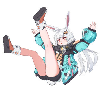1girl ananta animal_ears ass black_shorts boots full_body fur_trim hair_ornament highres jacket legs_up long_hair long_sleeves looking_at_viewer low_twintails moraki0718_(aoxiaoku) official_art open_clothes open_jacket open_mouth puffy_long_sleeves puffy_sleeves rabbit_ears rabbit_girl rabbit_tail red_eyes shirt shoe_soles short_shorts shorts simple_background solo taffy_(ananta) tail thighs transparent_background twintails white_background white_hair