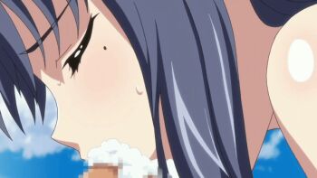 Rule 34 | 10s, 1girl, animated, animated gif, anime screenshot, blue hair, breasts, censored, closed eyes, cum, cum in mouth, cum overflow, fellatio, jewelry, kyonyuu fantasy, long hair, majin label, mole, mole under eye, oral, outdoors, paizuri, penis, precum, roxanne de desir, solo focus