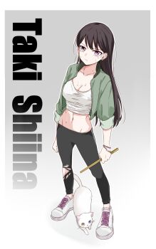 Rule 34 | 1girl, animalization, bang dream!, bang dream! it's mygo!!!!!, black hair, black pants, bracelet, breasts, cat, cleavage, closed mouth, commentary request, cropped shirt, earrings, green jacket, grey background, highres, jacket, jewelry, kaname raana, long hair, looking at viewer, medium breasts, midriff, mismatched earrings, navel, open clothes, open jacket, pants, porinki, purple eyes, raana the cat, shiina taki, shirt, shoes, solo, sweat, torn clothes, torn pants, white shirt, white shoes