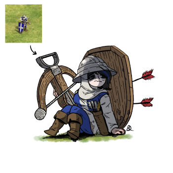 1girl age_of_empires_(series) age_of_empires_ii armor arrow_(projectile) boots bow_(weapon) crossbow dirty dirty_clothes genoese_crossbowman_(age_of_empires_ii) helmet highres holding holding_weapon kabewski kettle_helm long_sleeves photo_inset quiver reference_inset shield simple_background weapon white_background white_coif
