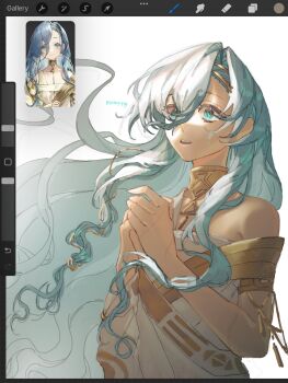 1girl 37_(reverse:1999) ancient_greek_clothes armlet art_program_in_frame blue_eyes blue_hair floating_hair fujji_771 gold_choker greco-roman_clothes hair_between_eyes hands_up highres jewelry long_hair open_mouth procreate_(medium) reference_inset reverse:1999 screencap solo toga upper_body very_long_hair white_background