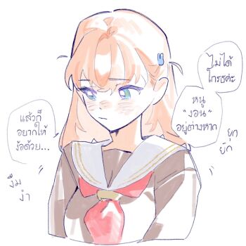 Rule 34 | 1girl, averting eyes, breasts, brown dress, commentary request, cropped torso, dress, facing viewer, green eyes, hair ornament, hasu no sora school uniform, highres, hinoshita kaho, link! like! love live!, long sleeves, looking to the side, love live!, medium breasts, medium hair, neckerchief, orange hair, pipi (m1x mix), rabbit hair ornament, red neckerchief, sailor collar, sailor dress, school uniform, solo, speech bubble, thai commentary, thai text, translation request, two side up, virtual youtuber, white sailor collar, winter uniform