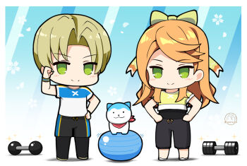 1boy 1girl 1other alfred_(fire_emblem) ball bandana bandana_around_neck blonde_hair blue_fur bow chibi crop_top crop_top_overhang dumbbell etie_(fire_emblem) exercise_ball exercising fire_emblem fire_emblem_engage green_bow green_eyes komurice nintendo orange_hair pants red_bandana sommie_(fire_emblem) sweatpants training_outfit_(fire_emblem_engage) two-tone_fur undershirt white_fur workout_clothes