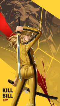 Rule 34 | 1girl, alien li, artist name, beatrix kiddo, blonde hair, bruce lee's jumpsuit, copyright name, elle driver, female focus, highres, katana, kill bill, looking back, o-ren ishii, red eyes, solo, standing, sword, watermark, weapon, weibo watermark