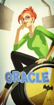 1girl barbara_gordon batman_(series) character_name computer dc_comics female_focus glasses kit oracle oracle_(dc) orange_hair sitting solo wheelchair