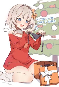... 1girl black_panties blue_eyes bow chestnut_mouth christmas_present christmas_tree english_text gift grey_hair hair_bow highres holding holding_panties holding_underwear holding_unworn_clothes marimari_(vtuber) medium_hair no_pants off_shoulder one_side_up open_mouth orange_bow orobou panties panty_peek phase_connect red_shirt shirt side-tie_panties sitting sketch smile socks solo spoken_ellipsis sweat thick_eyebrows thighs underwear virtual_youtuber white_panties white_socks yokozuwari