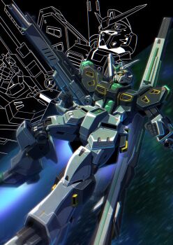 beam_rifle clenched_hand energy_gun exhaust fin_funnels finger_on_trigger flying gun gundam gundam_msv hashtag-only_commentary highres holding holding_gun holding_weapon ibuki_sakura_(sgw_v07) mecha mecha_focus mobile_suit motion_blur no_humans nu_gundam_mp_type robot science_fiction v-fin weapon yellow_eyes