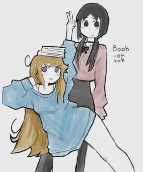 Rule 34 | 2girls, black hair, blonde hair, book, bra strap, chito (shoujo shuumatsu ryokou), choker, dress shirt, highres, multiple girls, no pants, oversized clothes, shimeji simulation, shirt, shoujo shuumatsu ryokou, squidmiku , thighs, yomikawa (shimeji simulation)