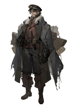 1boy beard belt belt_pouch black_coat black_gloves black_pants boots brown_belt brown_boots brown_coat brown_eyes brown_hair chain character_request coat elbow_gloves facial_hair full_beard fur-trimmed_coat fur_trim gloves hand_on_own_hip high_belt highres holding holding_behind_back jacket layered_clothes male_focus morimens official_art open_clothes open_coat pants parted_bangs pouch red_jacket redsakaone simple_background smile smoking_pipe solo sweater turtleneck turtleneck_sweater white_background