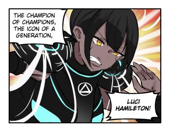 1girl 2021_abu_dhabi_grand_prix animification black_bodysuit black_hair bodysuit clenched_teeth commentary dark-skinned_female dark_skin double-parted_bangs english_commentary english_text formula_one genderswap genderswap_(mtf) lewis_hamilton looking_ahead merryweather original pineapple_(pine) running short_hair solo sweat teeth upper_body yellow_eyes