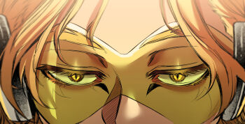 1boy blonde_hair boku_no_hero_academia close-up expressionless eye_focus eyelashes hawks_(boku_no_hero_academia) headphones highres mouth_out_of_frame short_hair sigma778 slit_pupils solo tinted_eyewear yellow-tinted_eyewear yellow_eyes