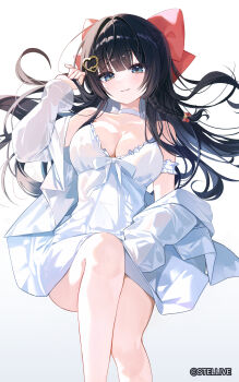 1girl absurdres arm_garter bare_legs bare_shoulders black_hair blue_eyes bow braid breasts choker cleavage closed_mouth commentary_request dress floating_hair hair_bow hair_ornament hairclip hand_up heart heart_hair_ornament highres jacket large_breasts long_hair long_sleeves looking_at_viewer myowa off_shoulder open_clothes open_jacket shirayuki_hina sleeveless sleeveless_dress smile solo stellive sundress thighs virtual_youtuber white_choker white_dress white_jacket