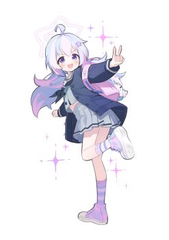 1girl :d absurdres ahoge backpack bag black_neckerchief blue_archive blue_hair blue_jacket chiimanju commentary full_body green_skirt grey_shirt hair_ornament halo highres jacket long_hair miniskirt multicolored_hair neckerchief open_mouth pink_bag pink_hair pink_halo pleated_skirt purple_eyes reisa_(blue_archive) sailor_collar school_uniform shirt shoe_soles simple_background skirt smile socks solo standing standing_on_one_leg star_(symbol) star_hair_ornament star_halo striped_clothes striped_socks twintails two-tone_hair white_background white_sailor_collar