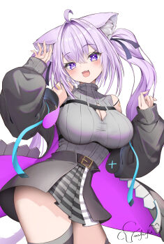 1girl :d ahoge animal_ears belt black_jacket black_ribbon black_thighhighs cat_ears cat_girl cat_tail chest_harness cleavage_cutout clothing_cutout commentary_request crossed_bangs double-parted_bangs fang grey_shirt grey_skirt hair_between_eyes hair_ribbon hands_up harness highres hololive jacket long_hair miniskirt nekomata_okayu nekomata_okayu_(8th_costume) off_shoulder official_alternate_costume official_alternate_hairstyle open_mouth pleated_skirt purple_eyes purple_hair ribbed_shirt ribbon shirt shirt_tucked_in simple_background single_thighhigh skirt sleeveless sleeveless_shirt smile solo tail thighhighs torakichi_888 turtleneck twintails virtual_youtuber white_background
