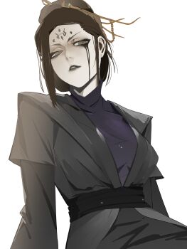 Rule 34 | 1girl, absurdres, belt, black belt, black hair, black lips, black myth: wukong, chinese commentary, clothing request, commentary request, cowboy shot, facial mark, fourth sister (black myth: wukong), gem, green eyes, green gemstone, hair ornament, head tilt, high collar, highres, long bangs, looking to the side, messy hair, out of earth (drock97763140), pale skin, parted lips, scowl, solo, white background