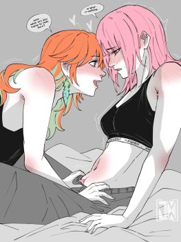 2girls alternate_costume armpit_hair blush breasts collarbone commentary couple earrings english_text feather_earrings feathers female_pubic_hair green_hair highres hololive hololive_english jasper_xandros jewelry large_breasts long_hair mori_calliope multicolored_hair multiple_girls navel open_mouth orange_hair pink_hair pubic_hair pubic_hair_peek purple_eyes smile sports_bra symbol-only_commentary takanashi_kiara virtual_youtuber yuri