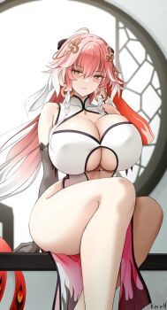 Rule 34 | 1girl, alternate breast size (larger), alternate costume, breasts, brown eyes, changli (wuthering waves), china dress, chinese clothes, cleavage, cleavage cutout, clothing cutout, commission, detached sleeves, dress, hair between eyes, hair ornament, highres, huge breasts, keenh, long hair, looking at viewer, pelvic curtain, red hair, sitting, smile, solo, thick thighs, thighs, white dress, window, wuthering waves