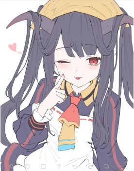 1girl ;p apron arm_at_side art_program_in_frame black_dress black_hair blue_archive blunt_bangs blush closed_mouth collared_dress commentary cowboy_shot dress eyelashes frilled_sleeves frills fuuka_(blue_archive) hair_on_horn hand_up headscarf heart highres ibispaint_(medium) index_finger_raised long_hair long_sleeves looking_at_viewer one_eye_closed puffy_long_sleeves puffy_sleeves red_eyes sidelocks simple_background smile solo tongue tongue_out twintails very_long_hair wa_sumi white_apron white_background yellow_headscarf
