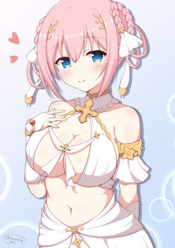Rule 34 | 1girl, absurdres, arm behind back, bare shoulders, blue eyes, braid, braided hair rings, breasts, bridal gauntlets, chataring mai, cleavage, commentary request, hair ornament, hair rings, heart, highres, large breasts, light smile, looking at viewer, navel, pink hair, princess connect!, sidelocks, solo, twitter username, yui (ceremonial) (princess connect!), yui (princess connect!)