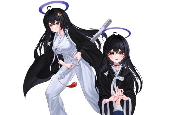 1girl 1other absurdres age_comparison ahoge black_hair black_haori borrowed_character braid breasts brown_eyes commentary commission dot_nose drawing_(action) dual_persona english_commentary eyebrows_hidden_by_hair feet_out_of_frame hair_ornament halo haori highres holding holding_hands holding_sheath holding_sword holding_weapon jacket japanese_clothes jian_(weapon) large_breasts long_hair looking_ahead looking_at_viewer nyanbutter open_clothes open_jacket original pants purple_halo sheath shirt side_braid sword sword_tassel tassel weapon white_background white_pants white_shirt wrinkled_fabric