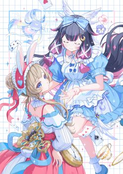 1other 2girls alice&#039;s_adventures_in_wonderland alternate_costume angel_wings animal_ear_hairband animal_ears apron aqua_bow aqua_dress blue_eyes blush bow braid brown_hair bun_with_braided_base card closed_eyes closed_mouth collarbone columbina_(genshin_impact) commentary_request crescent crescent_hair_ornament cup dress fake_animal_ears feathered_wings frilled_apron frills genshin_impact hair_bun hair_ornament hair_ribbon hairband hand_on_own_hip head_wings highres long_sidelocks luonnotar_(genshin_impact) multiple_girls multiple_wings plate puffy_short_sleeves puffy_sleeves ribbon sandrone_(genshin_impact) short_sleeves sidelocks smile teacup watch white_apron white_dress white_ribbon white_wings wings yutukicom