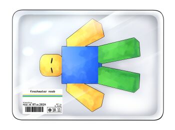 1other animalization closed_eyes encasement english_text food_packaging from_above highres himochuu lying no_humans on_back painterly parody plastic_wrap roblox still_life