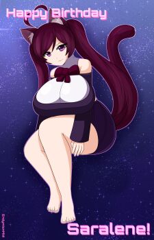 absurdres ahoge animal_ear_fluff animal_ears bare_shoulders barefoot bow bowtie breasts cat_ears endymionmkii english_text heart heart_ahoge highres indie_virtual_youtuber large_breasts pink_eyes purple_hair purple_skirt purple_top saralene skirt sky star_(sky) star_(symbol) star_in_eye starry_sky symbol_in_eye thighs virtual_youtuber