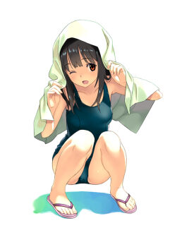 1girl ;d bare_shoulders black_hair blue_one-piece_swimsuit breasts commentary_request flower hands_up knees_up koutaro long_hair looking_at_viewer one-piece_swimsuit one_eye_closed open_mouth original pink_flower red_eyes sandals school_swimsuit small_breasts smile solo squatting swimsuit thighs towel towel_on_head white_background